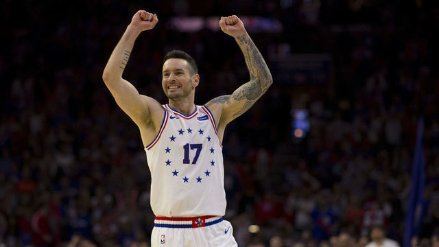 PHILADELPHIA, PA - MAY 09: JJ Redick #17 of the Philadelphia 76ers reacts against the Toronto Raptors in the third quarter of Game Six of the Eastern Conference Semifinals at the Wells Fargo Center on May 9, 2019 in Philadelphia, Pennsylvania. The 76ers defeated the Raptors 112-101.