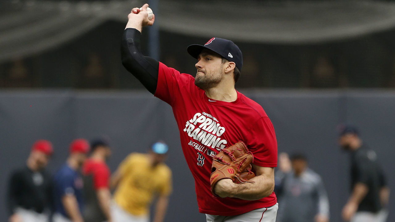 NEW YORK, NEW YORK - MAY 30: Nathan Eovaldi #17 of the Boston Red Sox works out on the field prior to a game against the New York Yankees at Yankee Stadium on May 30, 2019 in New York City.
