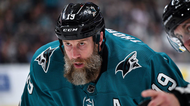 SAN JOSE, CA - MAY 13: Joe Thornton #19 of the San Jose Sharks prepares for a face-off against the St. Louis Blues in Game Two of the Western Conference Final during the 2019 NHL Stanley Cup Playoffs at SAP Center on May 13, 2019 in San Jose, California