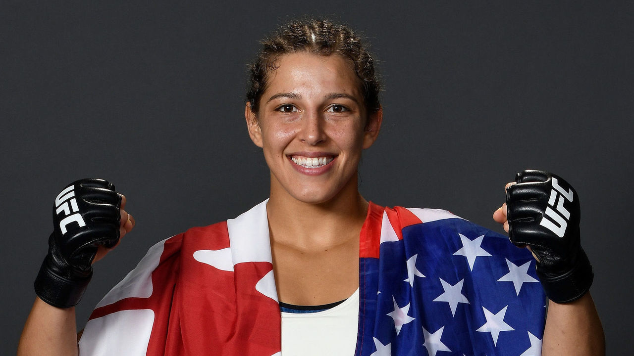 ROCHESTER, NY - MAY 18: Felicia Spencer of Canada poses for a portrait backstage after her victory over Megan Anderson during the UFC Fight Night event at Blue Cross Arena on May 18, 2019 in Rochester, New York.