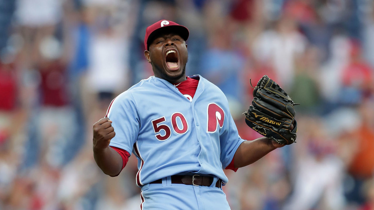 PHILADELPHIA, PA - JULY 18: Hector Neris #50 of the Philadelphia Phillies reacts after saving a game against the Los Angeles Dodgers at Citizens Bank Park on July 18, 2019 in Philadelphia, Pennsylvania. The Phillies won 7-6.