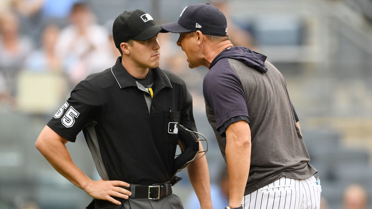 NEW YORK, NEW YORK - JULY 18: Manager Aaron Boone #17 of the New York Yankees argues with home plate umpire Brennan Miller #55 during the second inning of game one of a doubleheader against the Tampa Bay Rays at Yankee Stadium on July 18, 2019 in the Bronx borough of New York City.