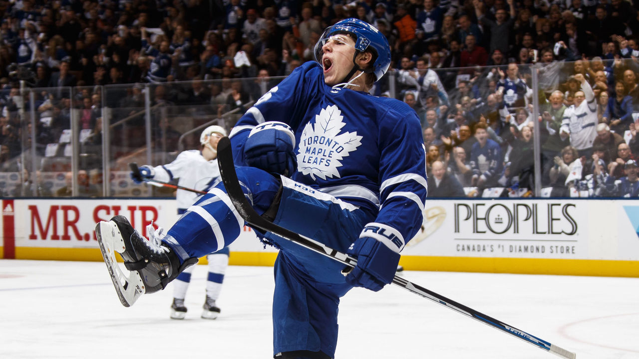 TORONTO, ON - APRIL 4: Mitch Marner #16 of the Toronto Maple Leafs celebrates his goal against the Tampa Bay Lightning during the first period at the Scotiabank Arena on April 4, 2019 in Toronto, Ontario, Canada.