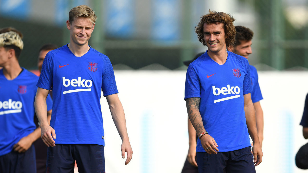 BARCELONA, SPAIN - JULY 15: Frenkie de Jong (L) and Antoine Griezmann of FC Barcelona look on during a training session at Ciutat Esportiva of Sant Joan Despi on July 15, 2019 in Barcelona, Spain.