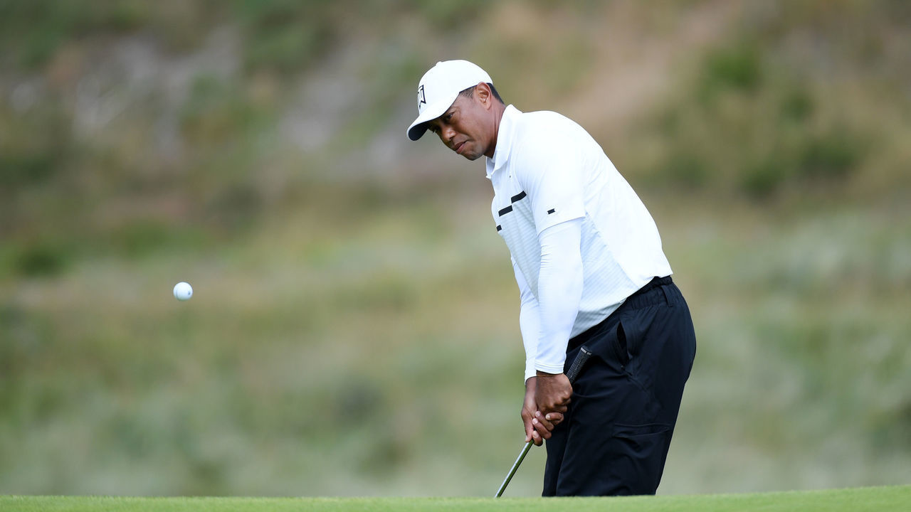 PORTRUSH, NORTHERN IRELAND - JULY 19: Tiger Woods of the United States plays a shot on the eighth hole during the second round of the 148th Open Championship held on the Dunluce Links at Royal Portrush Golf Club on July 19, 2019 in Portrush, United Kingdom.