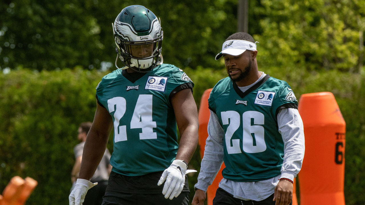 PHILADELPHIA, PA - MAY 21: Philadelphia Eagles running back Jordan Howard (24) and running back Miles Sanders (26) during the Philadelphia Eagles OTA on May 21, 2019 at the Novacare Training Complex in Philadelphia, PA