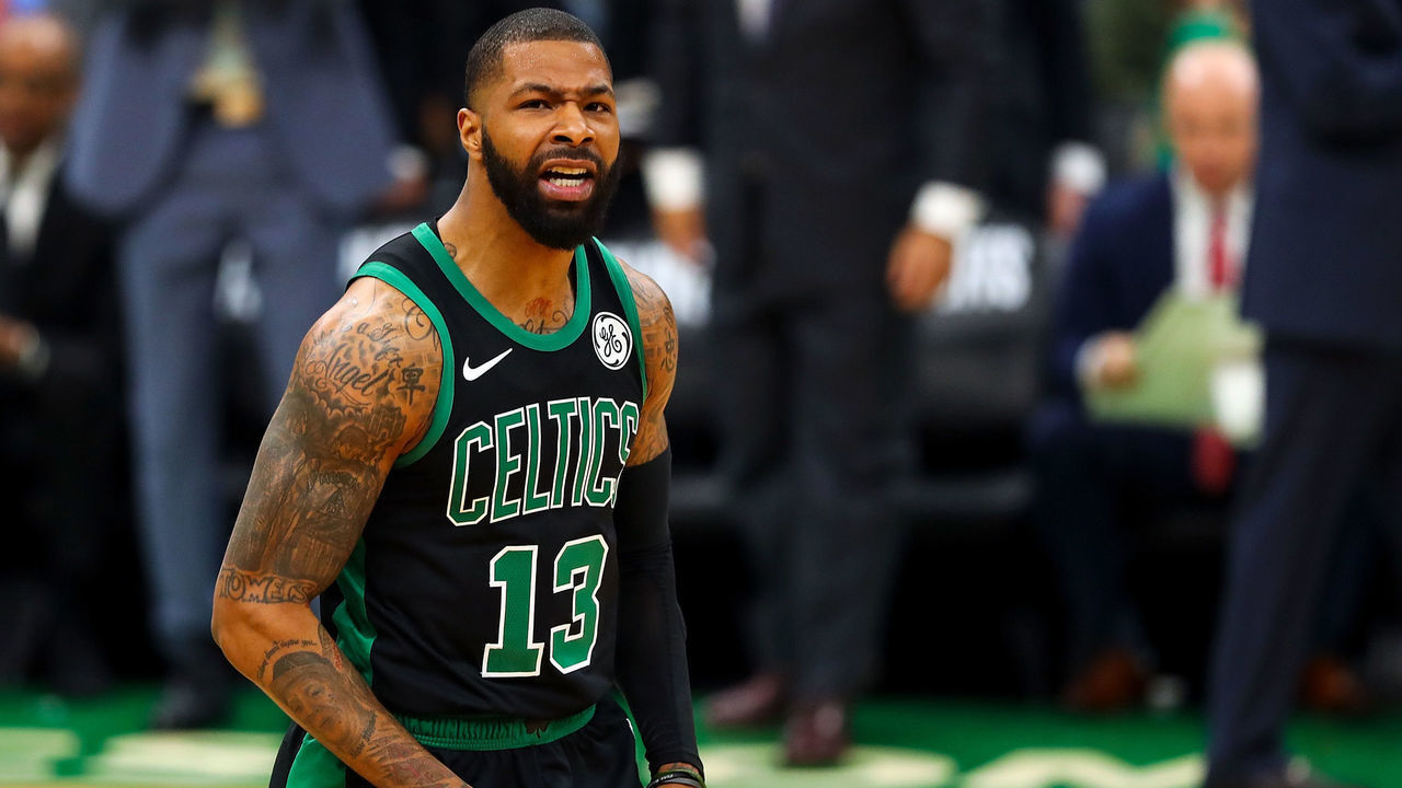 BOSTON, MA - APRIL 14: Marcus Morris #13 of the Boston Celtics reacts during Game One of the first round of the 2019 NBA Eastern Conference Playoffs against the Indiana Pacers at TD Garden on April 14, 2019 in Boston, Massachusetts.