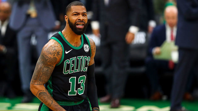 BOSTON, MA - APRIL 14: Marcus Morris #13 of the Boston Celtics reacts during Game One of the first round of the 2019 NBA Eastern Conference Playoffs against the Indiana Pacers at TD Garden on April 14, 2019 in Boston, Massachusetts.