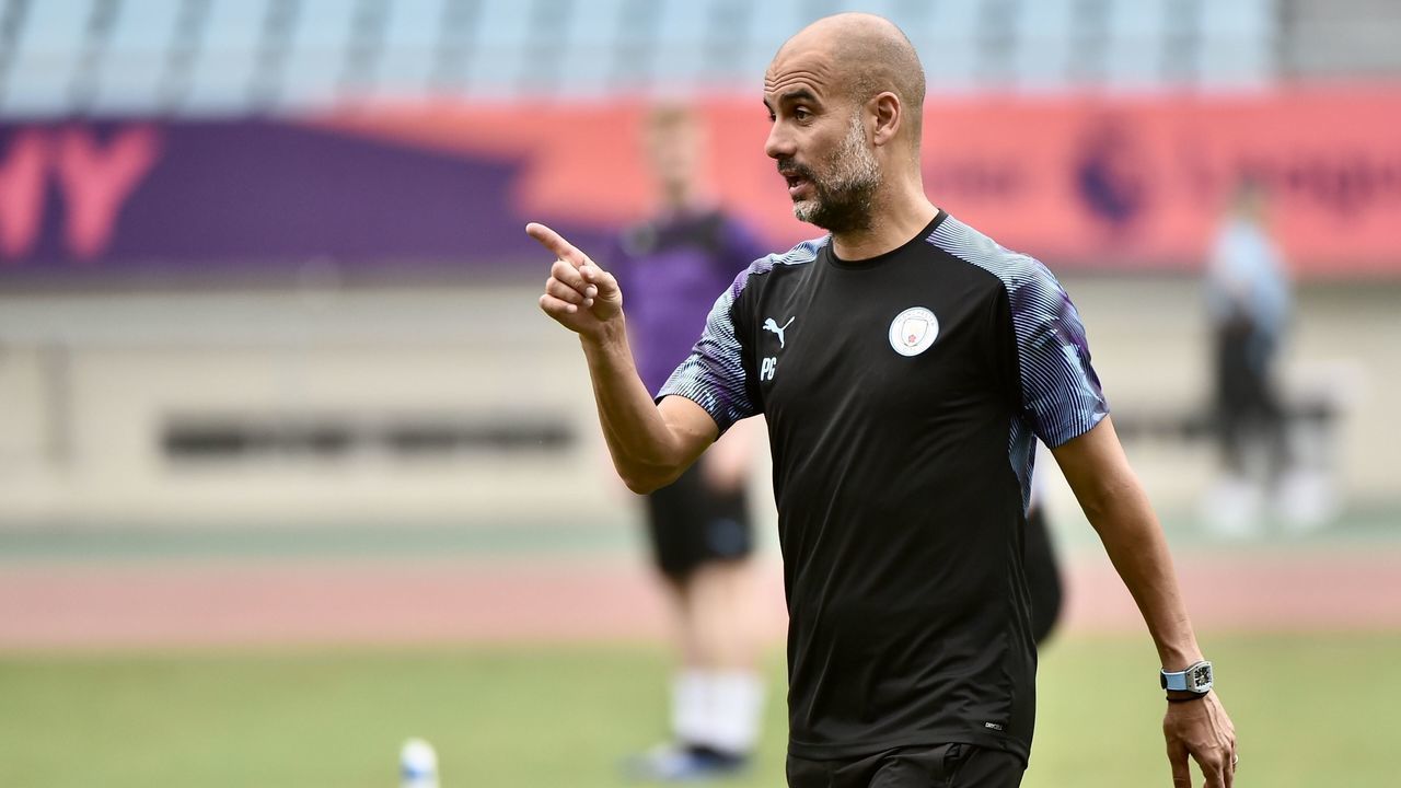 NANJING, CHINA - JULY 18: Head coach Pep Guardiola of Manchester City attends a training session at Nanjing Olympic sports center on July 18, 2019 in Nanjing, Jiangsu Province of China.