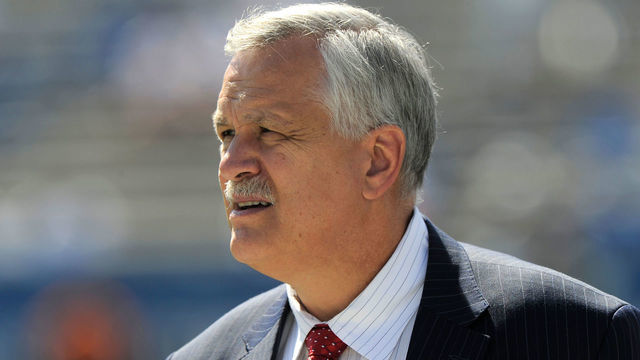 PROVO, UT - SEPTEMBER 20: Matt Millen, an ESPN analyst, on field before the game between the Virginia Cavaliers and the Brigham Young Cougars at LaVell Edwards Stadium on September 20, 2014 in Provo, Utah.