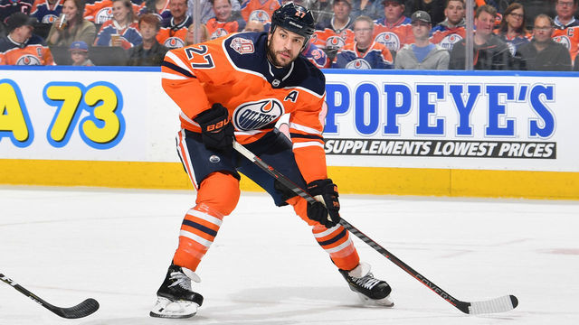 EDMONTON, AB - MARCH 21: Milan Lucic #27 of the Edmonton Oilers skates during the game against the Columbus Blue Jackets on March 21, 2019 at Rogers Place in Edmonton, Alberta, Canada.