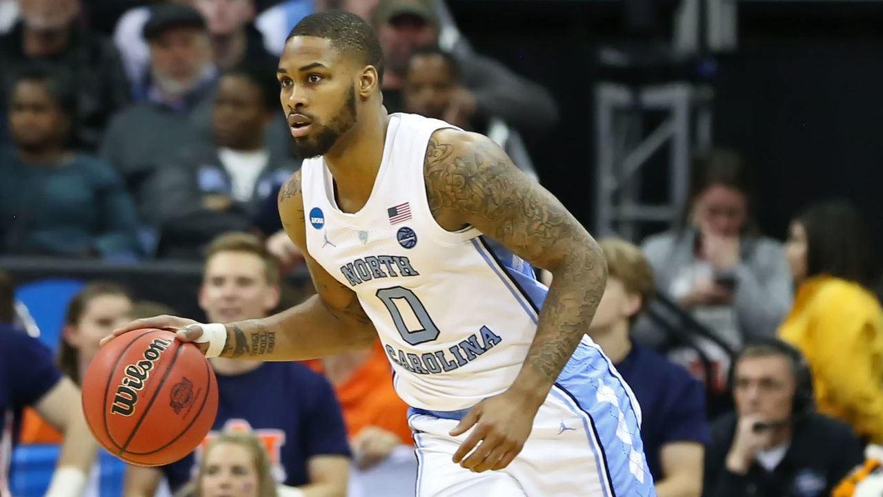 KANSAS CITY, MO - MARCH 29: North Carolina Tar Heels guard Seventh Woods (0) in the second half of an NCAA Midwest Regional Sweet Sixteen game between the Auburn Tigers and North Carolina Tar Heels on March 29, 2019 at Sprint Center in Kansas City, MO.