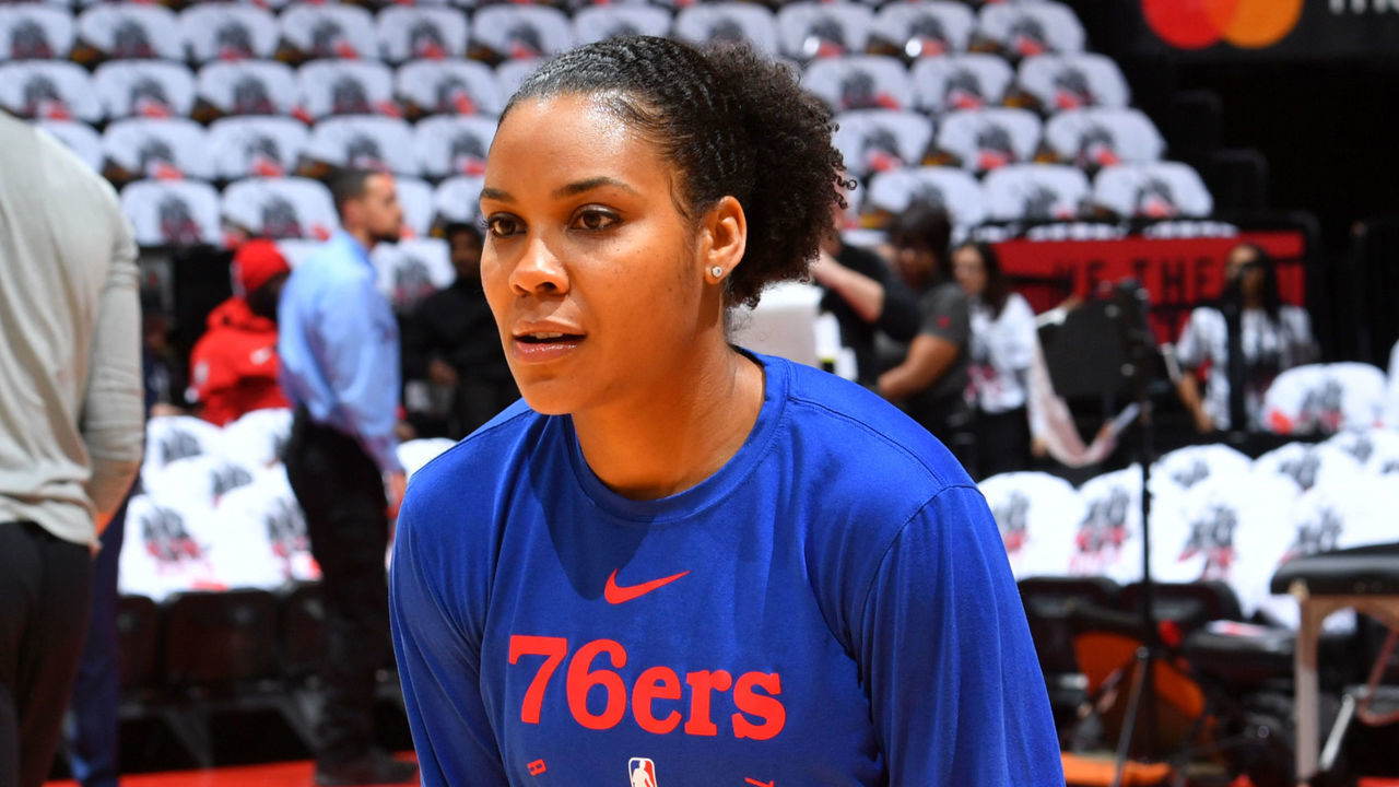 TORONTO, CANADA - MAY 7: Assistant Coach, Lindsey Harding, of the Philadelphia 76ers works out with players prior to a game against the Toronto Raptors before Game Five of the Eastern Conference Semifinals on May 7, 2019 at the Scotiabank Arena in Toronto, Ontario, Canada. Mandatory Copyright Notice: Copyright 2019 NBAE