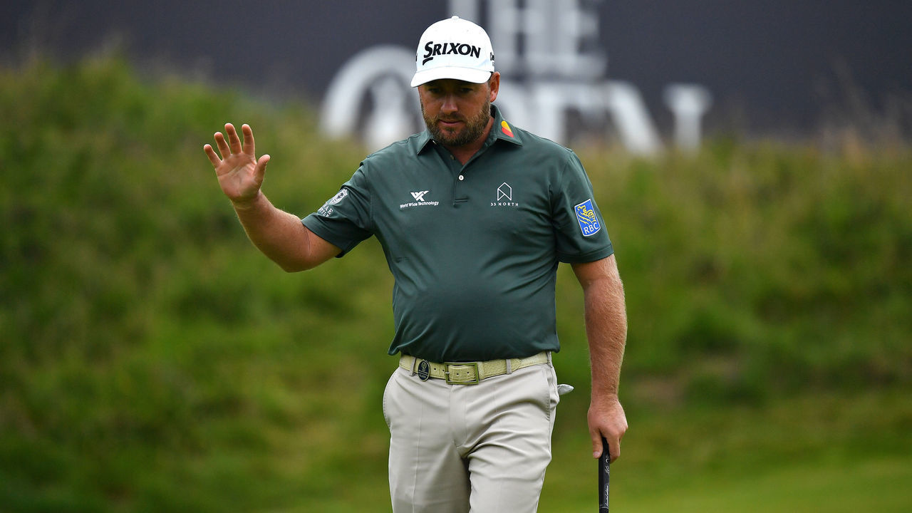 Antrim , United Kingdom - 19 July 2019; Graeme McDowell of Northern Ireland acknowledges the gallery on the 18th green after finishing his round during Day Two of the 148th Open Championship at Royal Portrush in Portrush, Co Antrim.