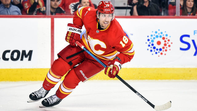 CALGARY, AB - APRIL 11: Calgary Flames Right Wing James Neal (18) skates during the second period of Game One of the Western Conference First Round during the 2019 Stanley Cup Playoffs where the Calgary Flames hosted the Colorado Avalanche on April 11, 2019, at the Scotiabank Saddledome in Calgary, AB.