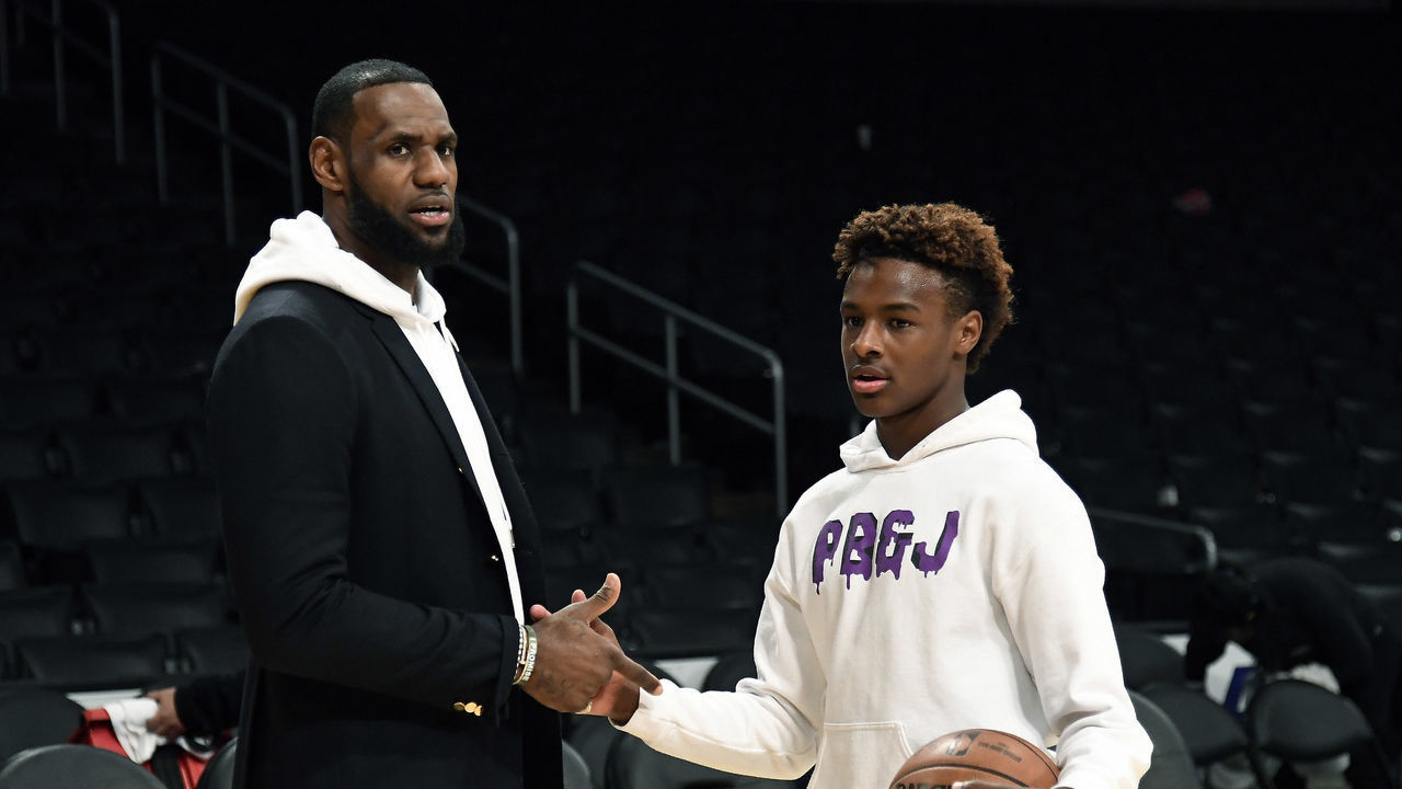 LOS ANGELES, CA - DECEMBER 28: LeBron James #23 of the Los Angeles Lakers and his son LeBron James Jr., on the court after the Los Angeles Clippers and Los Angeles Lakers basketball game at Staples Center on December 28, 2018 in Los Angeles, California.