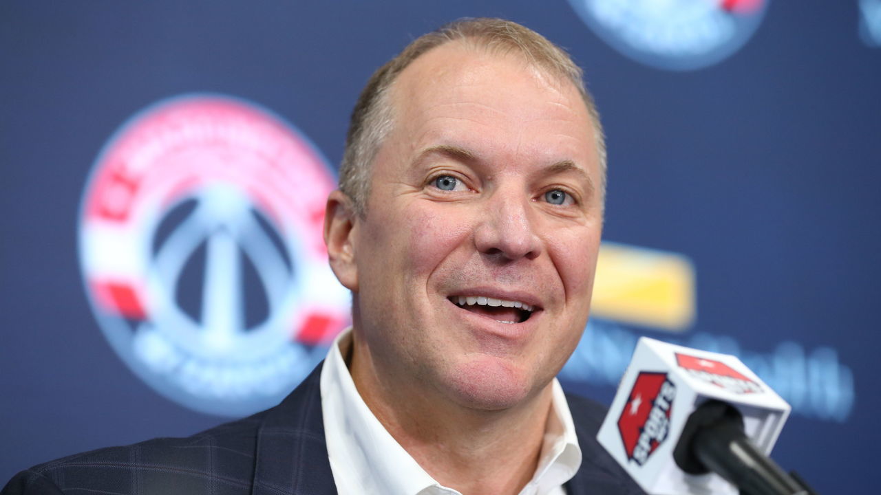 WASHINGTON, DC - JUNE 21: Tommy Sheppard of the Washington Wizards introduces 2019 NBA draft pick Rui Hachimura during a introductory press conference at Capital One Arena on June 21, 2019 in Washington, DC.
