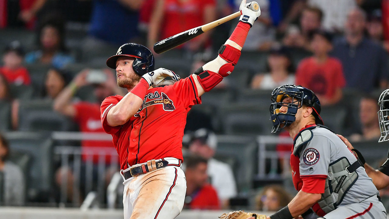 ATLANTA, GA JULY 19: Atlanta Braves third baseman Josh Donaldson (20) hits a game-winning walk-off single in the bottom of the 9th inning during the game between the Washington Nationals and the Atlanta Braves on July 19th, 2019 at SunTrust Park in Atlanta, GA.