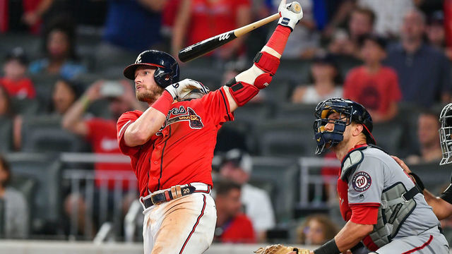 ATLANTA, GA JULY 19: Atlanta Braves third baseman Josh Donaldson (20) hits a game-winning walk-off single in the bottom of the 9th inning during the game between the Washington Nationals and the Atlanta Braves on July 19th, 2019 at SunTrust Park in Atlanta, GA.
