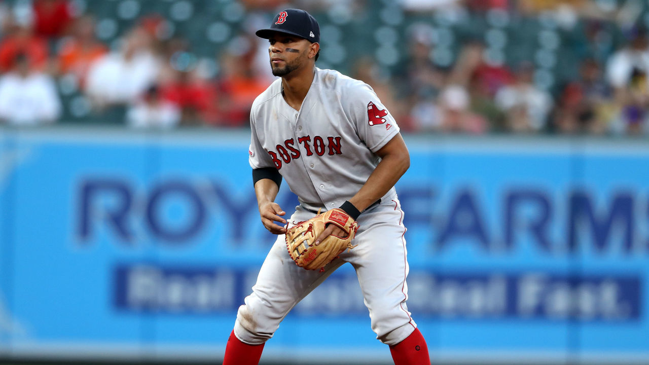 BALTIMORE, MARYLAND - JULY 19: Xander Bogaerts #2 of the Boston Red Sox follows the ball against the Baltimore Orioles at Oriole Park at Camden Yards on July 19, 2019 in Baltimore, Maryland.