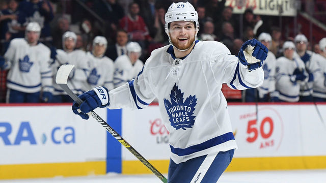 MONTREAL, QC - APRIL 6: William Nylander #29 of the Toronto Maple Leafs celebrates after scoring a goal against the Montreal Canadiens in the NHL game at the Bell Centre on April 6, 2019 in Montreal, Quebec, Canada.