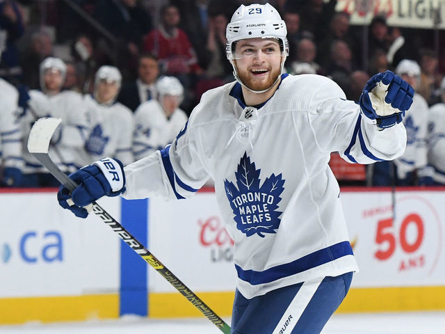 MONTREAL, QC - APRIL 6: William Nylander #29 of the Toronto Maple Leafs celebrates after scoring a goal against the Montreal Canadiens in the NHL game at the Bell Centre on April 6, 2019 in Montreal, Quebec, Canada.