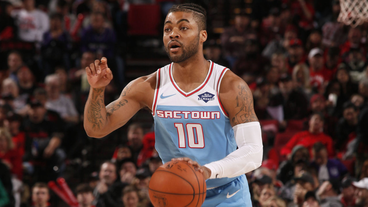 PORTLAND, OR - APRIL 10: Frank Mason III #10 of the Sacramento Kings sets the play on offense against the Portland Trail Blazers on April 10, 2019 at the Moda Center Arena in Portland, Oregon. Mandatory Copyright Notice: Copyright 2019 NBAE