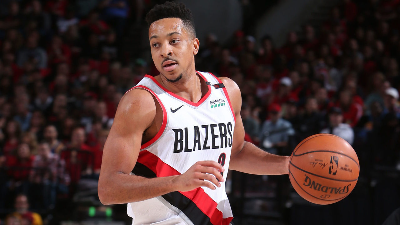 PORTLAND, OR - MAY 20: CJ McCollum #3 of the Portland Trail Blazers handles the ball against the Golden State Warriors during Game Four of the Western Conference Finals on May 20, 2019 at the Moda Center in Portland, Oregon. NOTE TO USER: User expressly acknowledges and agrees that, by downloading and/or using this photograph, user is consenting to the terms and conditions of the Getty Images License Agreement. Mandatory Copyright Notice: Copyright 2019 NBAE