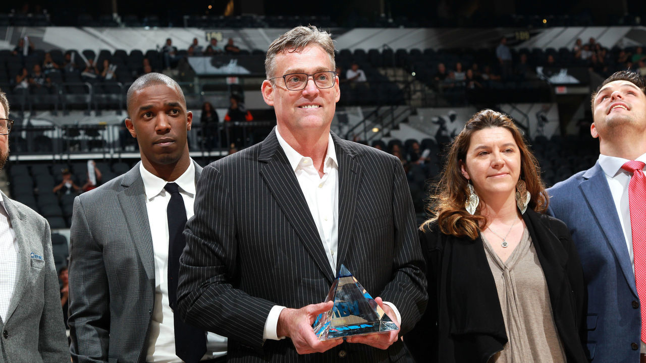 SAN ANTONIO, TX - MAY 10: R. C. Buford general manager of the San Antonio Spurs receives an excecutive of the year award before the game against the Oklahoma City Thunder in Game Five of the Western Conference Semifinals during the 2016 NBA Playoffs on May 10, 2016 at the AT&T Center in San Antonio, Texas. Mandatory Copyright Notice: Copyright 2016 NBAE (Photos by Layne Murdoch/NBAE via Getty Images)