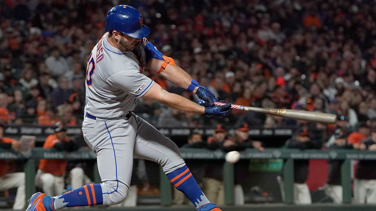 SAN FRANCISCO, CA - JULY 19: Pete Alonso #20 of the New York Mets strikes out swinging against the San Francisco Giants in the top of the ninth inning at Oracle Park on July 19, 2019 in San Francisco, California.