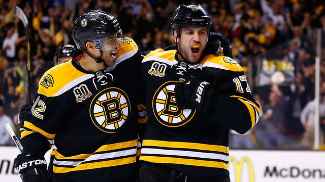 BOSTON, MA - APRIL 26: Milan Lucic #17 of the Boston Bruins celebrates his goal past Jonas Gustavsson #50 of the Detroit Red Wings with teammate Jarome Iginla #12 in the third period in Game Five of the First Round of the 2014 NHL Stanley Cup Playoffs at TD Garden on April 26, 2014 in Boston, Massachusetts.