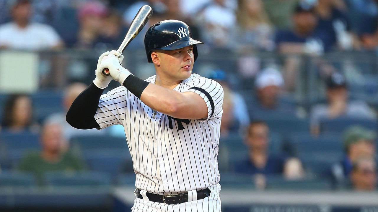 NEW YORK, NEW YORK - JULY 19: Luke Voit #45 of the New York Yankees in action against the Colorado Rockies at Yankee Stadium on July 19, 2019 in New York City. New York Yankees defeated the Colorado Rockies 8-2.