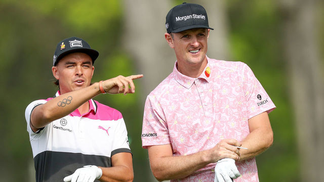 FARMINGDALE, NEW YORK - MAY 17: Rickie Fowler of the United States and Justin Rose of England wait on the 12th hole during the second round of the 2019 PGA Championship on the Black Course at Bethpage State Park on May 17, 2019 in Farmingdale, New York.