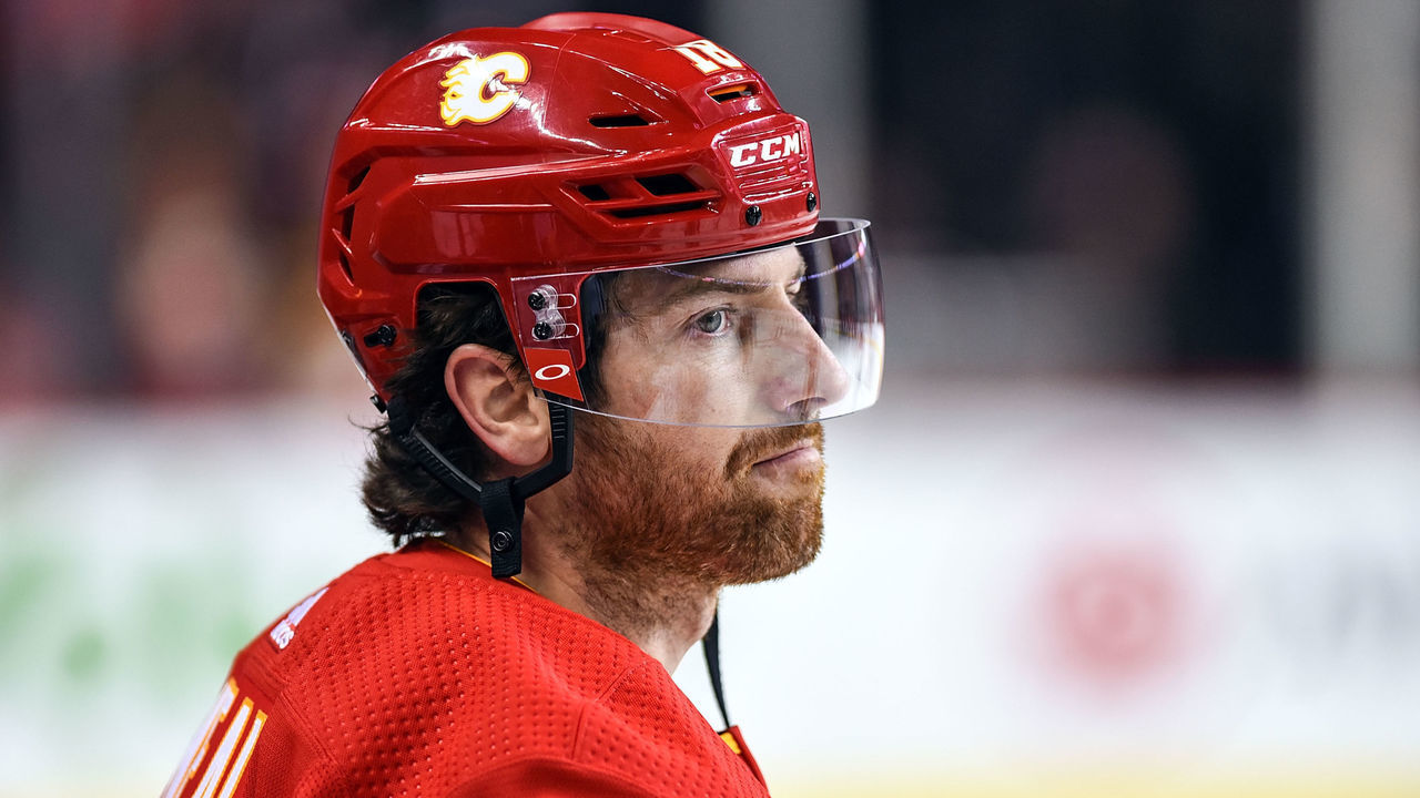 CALGARY, AB - APRIL 06: Calgary Flames Right Wing James Neal (18) looks on during warm ups before an NHL game where the Calgary Flames hosted the Edmonton Oilers on April 6, 2019, at the Scotiabank Saddledome in Calgary, AB.