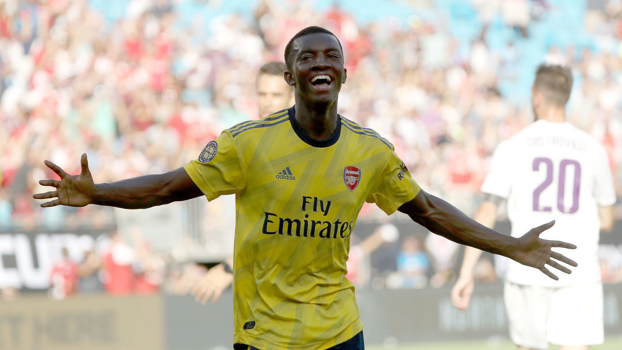 CHARLOTTE, NORTH CAROLINA - JULY 20: Eddie Nketiah #30 of Arsenal celebrates a goal against Fiorentina in the first half during their 2019 International Champions Cup match at Bank of America Stadium on July 20, 2019 in Charlotte, North Carolina.
