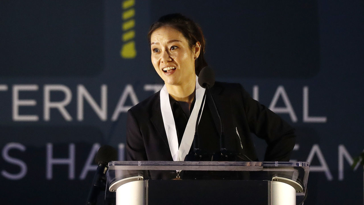 NEWPORT, RHODE ISLAND - JULY 20: Li Na gives her speech after being inducted with the Class of 2019 in to the International Tennis Hall of Fame on July 20, 2019 in Newport, Rhode Island.