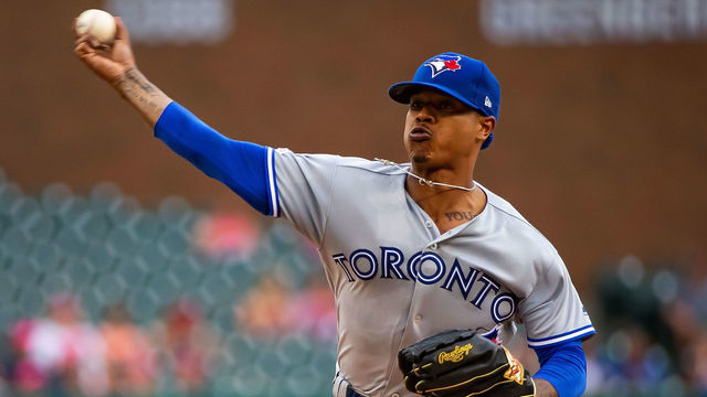 DETROIT, MI - JULY 19: Starting pitcher Marcus Stroman #6 of the Toronto Blue Jays pitches in the first inning against the Detroit Tigers during a MLB game at Comerica Park on July 19, 2019 in Detroit, Michigan.