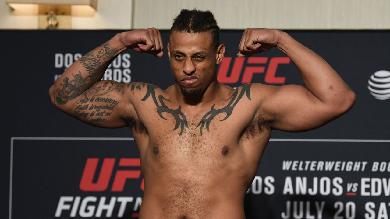 SAN ANTONIO, TEXAS - JULY 19: Greg Hardy poses on the scale during the UFC Fight Night weigh-ins at Sheraton Gunter Hotel San Antonio on July 19, 2019 in San Antonio, Texas.