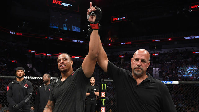 SAN ANTONIO, TEXAS - JULY 20: Greg Hardy reacts after defeating Juan Adams by TKO in their heavyweight bout during the UFC Fight Night event at AT&T Center on July 20, 2019 in San Antonio, Texas.