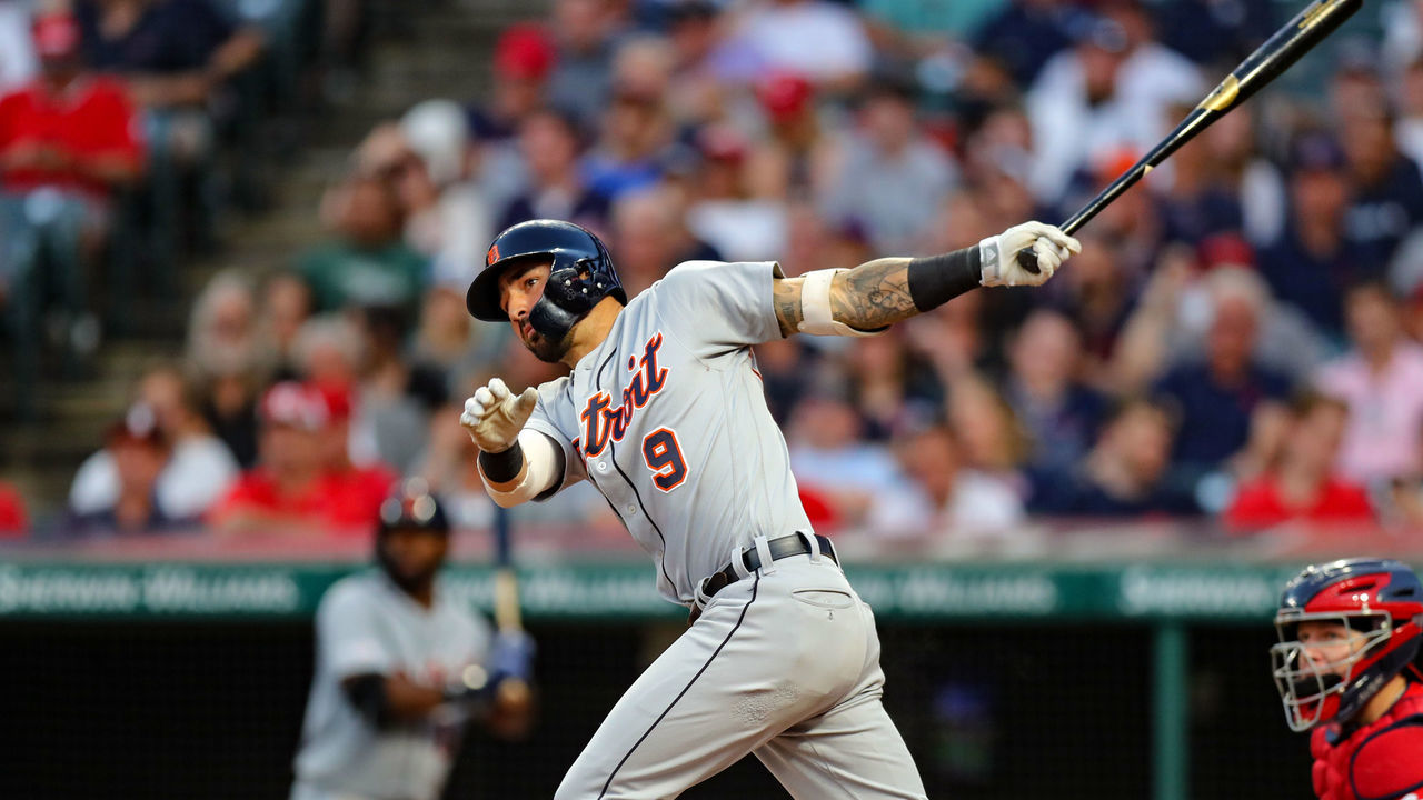CLEVELAND, OH - JULY 17: Detroit Tigers right fielder Nicholas Castellanos (9) doubles to left during the sixth inning of the Major League Baseball game between the Detroit Tigers and Cleveland Indians on July 17, 2019, at Progressive Field in Cleveland, OH.