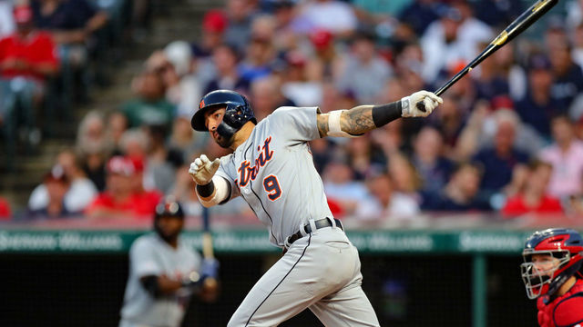 CLEVELAND, OH - JULY 17: Detroit Tigers right fielder Nicholas Castellanos (9) doubles to left during the sixth inning of the Major League Baseball game between the Detroit Tigers and Cleveland Indians on July 17, 2019, at Progressive Field in Cleveland, OH.