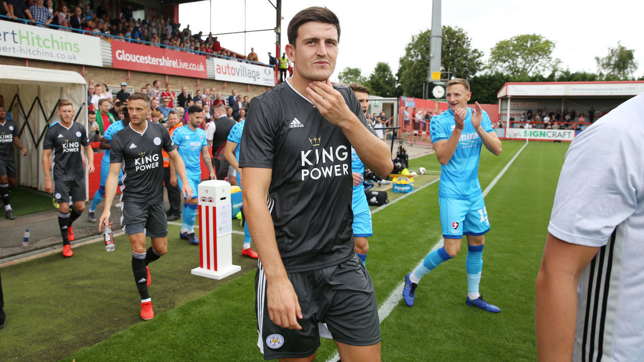 CHELTENHAM, ENGLAND - JULY 20: Harry Maguire of Leicester City takes to the pitch ahead of the Pre-Season Friendly match between Cheltenham Town and Leicester City at Jonny-Rocks Stadium on July 20th, 2019 in Cheltenham, England.