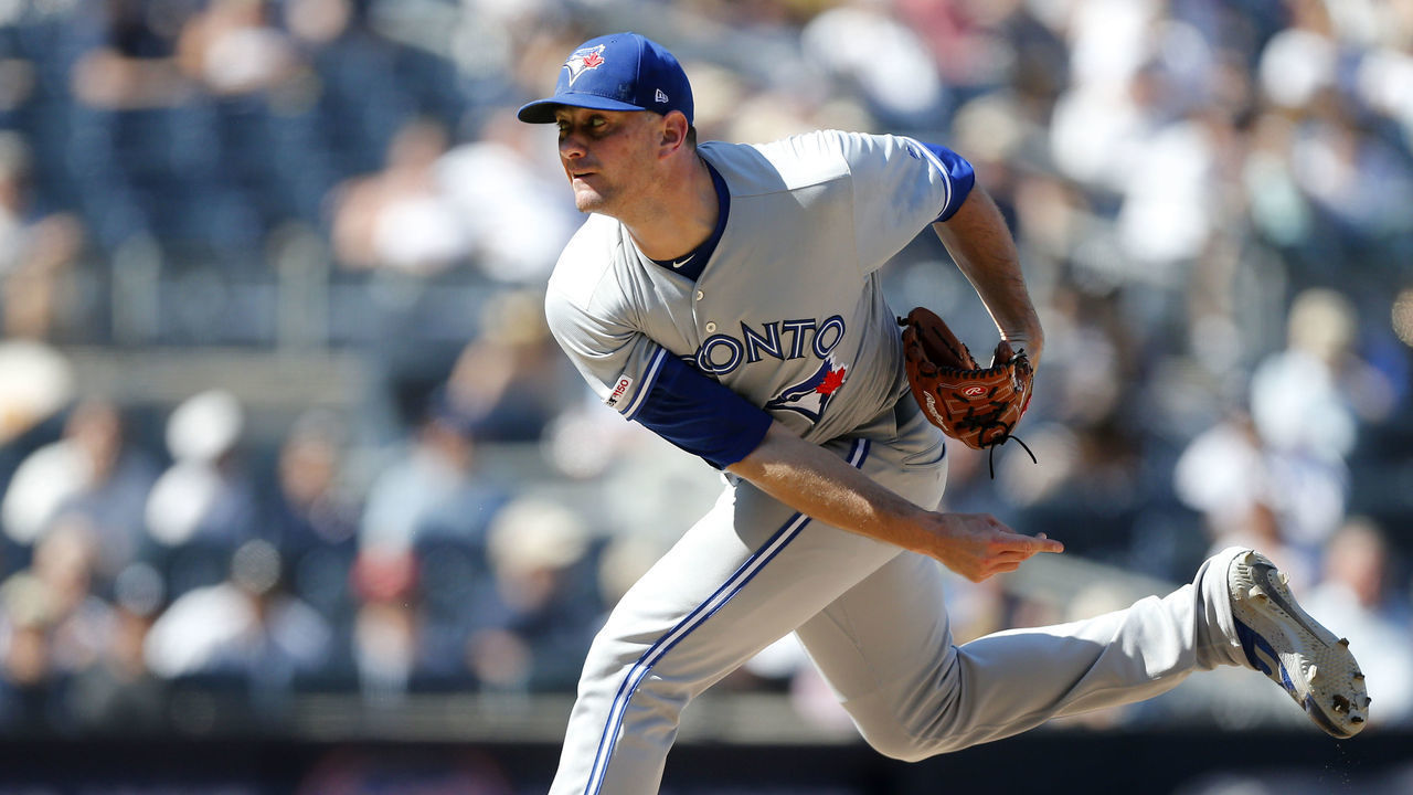NEW YORK, NEW YORK - JULY 13: Daniel Hudson #46 of the Toronto Blue Jays in action against the New York Yankees at Yankee Stadium on July 13, 2019 in New York City. The Blue Jays defeated the Yankees 2-1.