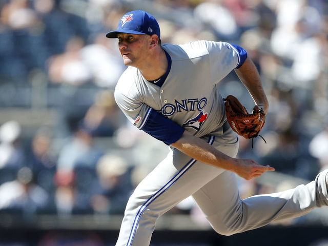 NEW YORK, NEW YORK - JULY 13: Daniel Hudson #46 of the Toronto Blue Jays in action against the New York Yankees at Yankee Stadium on July 13, 2019 in New York City. The Blue Jays defeated the Yankees 2-1.