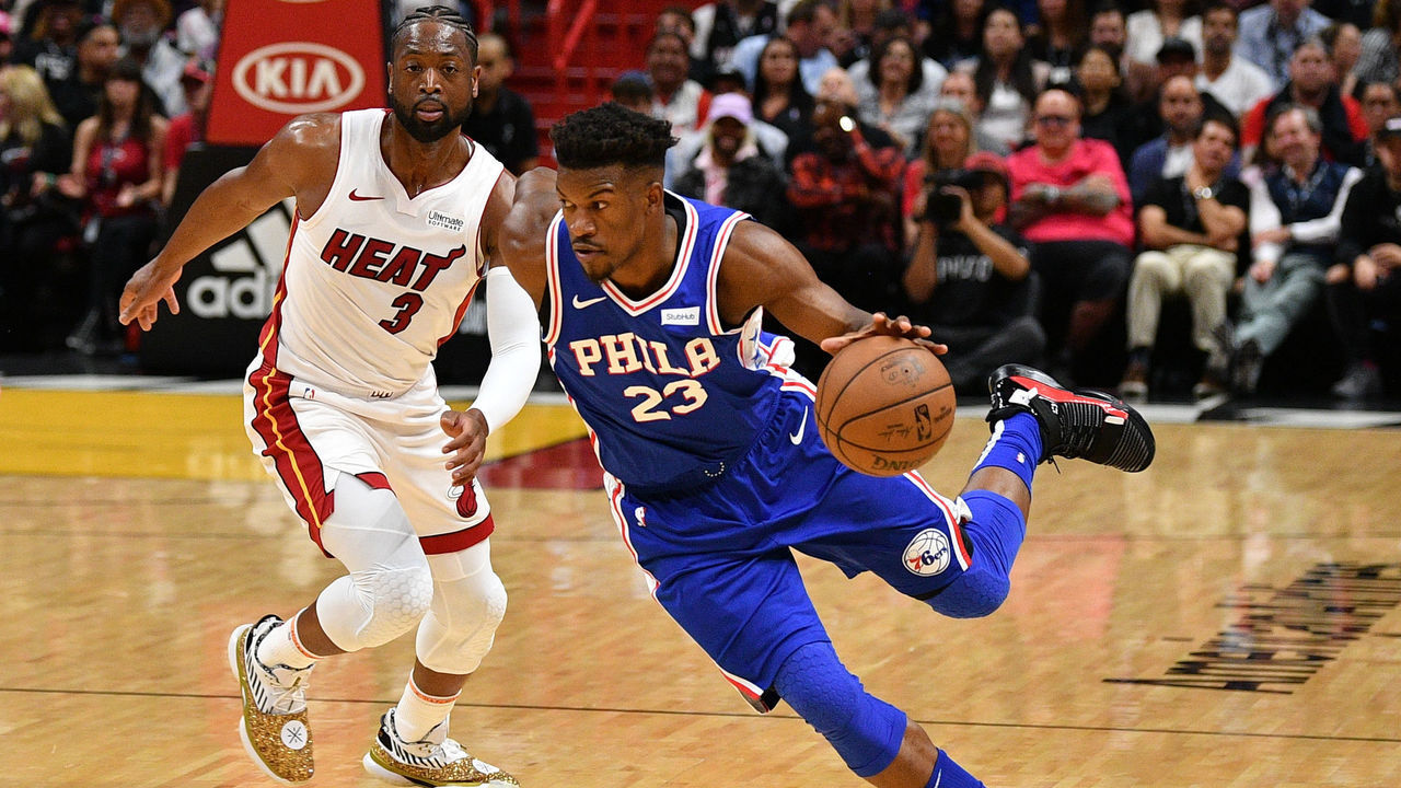 MIAMI, FL - APRIL 09: Dwyane Wade #3 of the Miami Heat in action against Jimmy Butler #23 of the Philadelphia 76ers during the final regular season home game of his career at American Airlines Arena on April 09, 2019 in Miami, Florida.