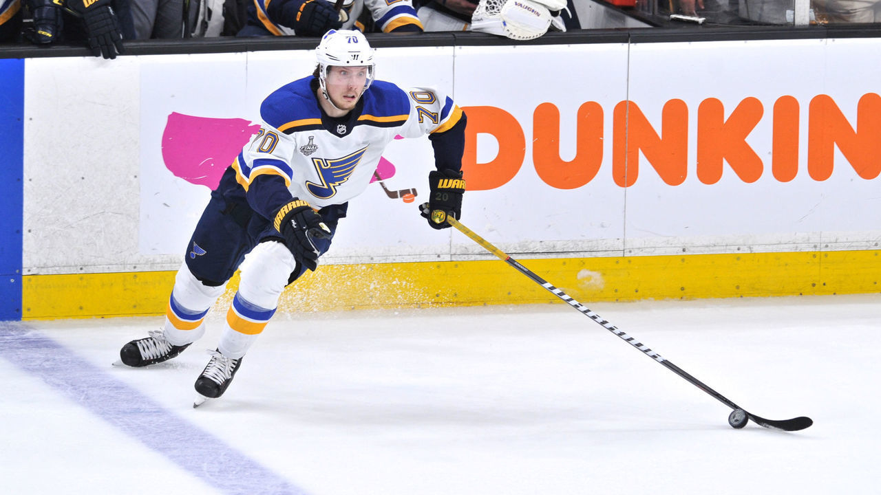 BOSTON, MA - JUNE 6: St. Louis Blues center Oskar Sundqvist (70) skates up ice with the puck. During Game 5 of the Stanley Cup Finals featuring the St. Louis Blues against the Boston Bruins on June 6, 2019 at TD Garden in Boston, MA.