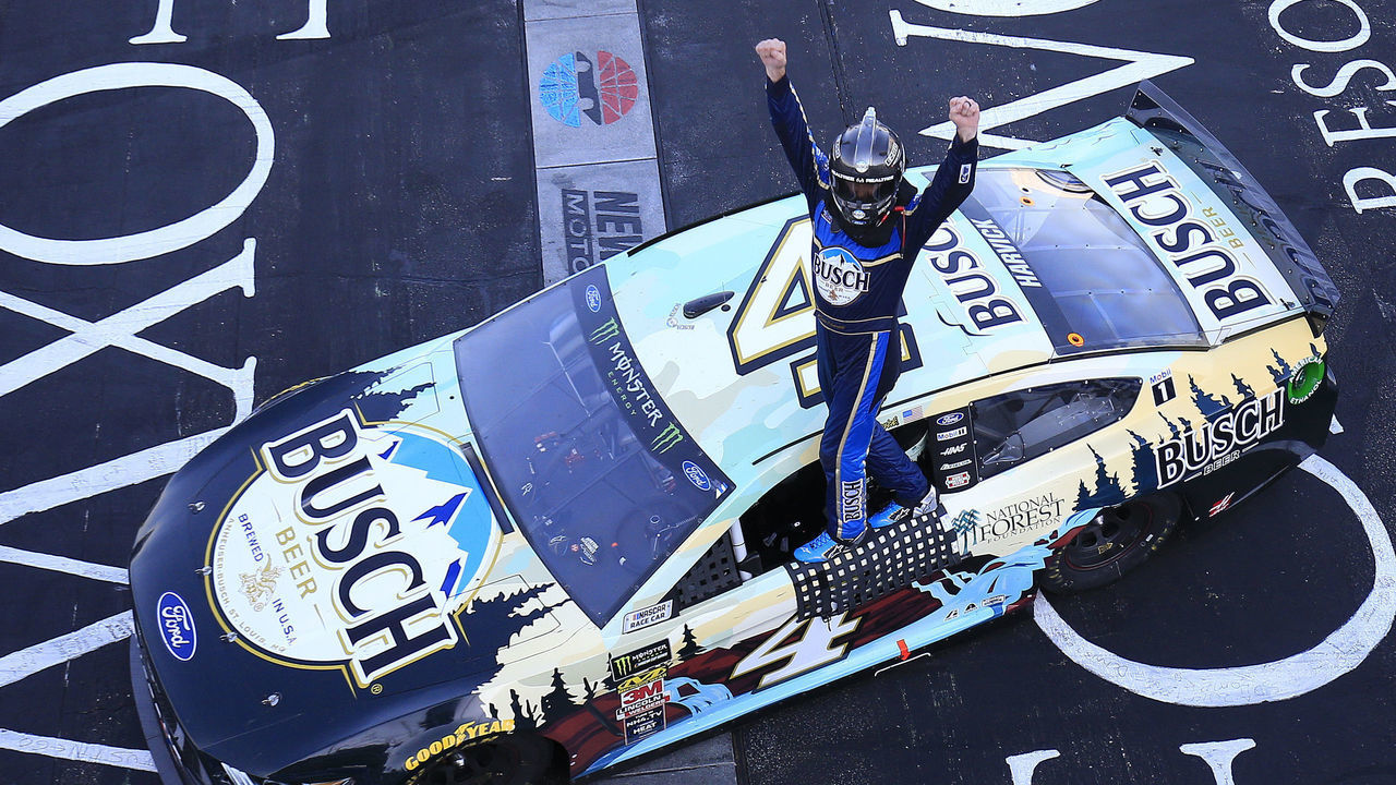 LOUDON, NEW HAMPSHIRE - JULY 21: Kevin Harvick, driver of the #4 Busch Beer/National Forest Foundation Ford, celebrates winning the Monster Energy NASCAR Cup Series Foxwoods Resort Casino 301 at New Hampshire Motor Speedway on July 21, 2019 in Loudon, New Hampshire.