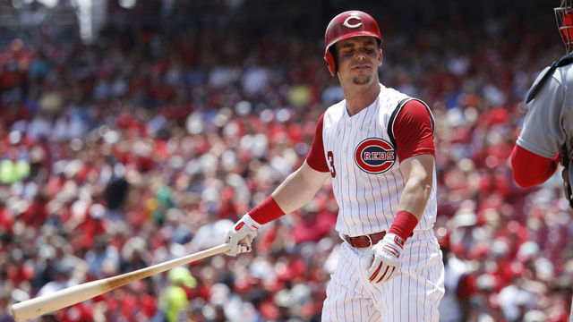 CINCINNATI, OH - JULY 21: Scooter Gennett #3 of the Cincinnati Reds reacts after striking out in the second inning against the St. Louis Cardinals at Great American Ball Park on July 21, 2019 in Cincinnati, Ohio. The Cardinals won 3-1.