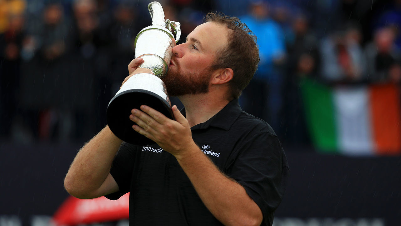PORTRUSH, NORTHERN IRELAND - JULY 21: Open Champion Shane Lowry of Ireland celebrates with the Claret Jug on the 18th green during the final round of the 148th Open Championship held on the Dunluce Links at Royal Portrush Golf Club on July 21, 2019 in Portrush, United Kingdom.
