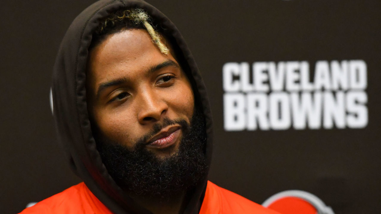BEREA, OH - JUNE 5, 2019: Wide receiver Odell Beckham Jr.#13 of the Cleveland Browns speaks during a press conference after a mandatory mini camp practice on June 5, 2019 at the Cleveland Browns training facility in Berea, Ohio. (Photo by: 2019 Nick Cammett/Diamond Images/Getty Images)